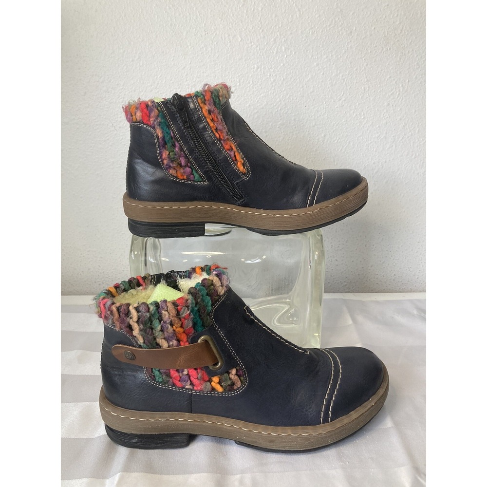 Rieker Felicitas 84 Ankle Boots Navy Multicolor Knit Faux Leather Winter Size 36